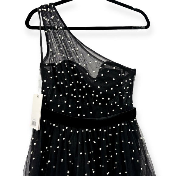 NWT Mac Duggal Black One Shoulder Pearl Beaded Tulle Velvet Midi Ballgown Size 8 - Picture 10 of 15